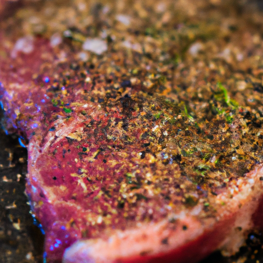 A close-up of a ribeye steak being seasoned with salt, pepper, and herbs