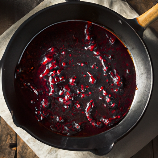 Rich red wine reduction sauce in a skillet